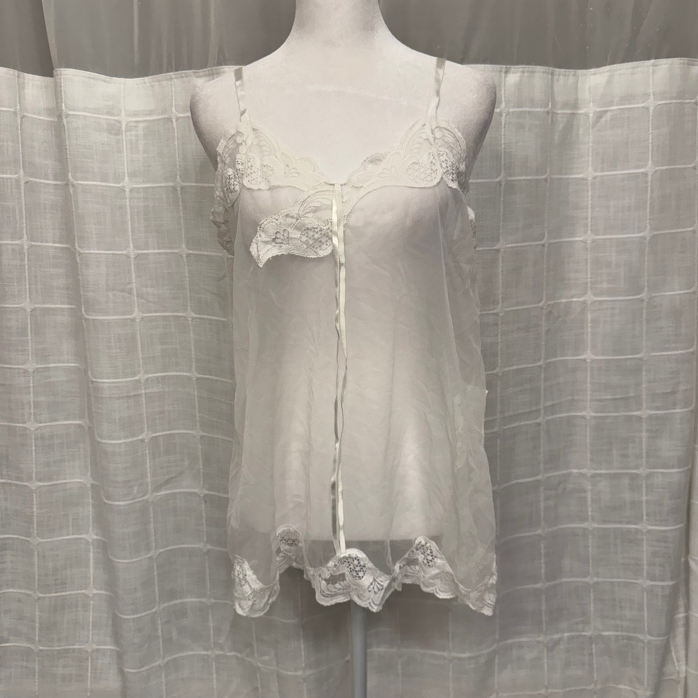 Vintage White Sheer Lace Trim Camisole Babydoll Lingerie Top Adjustable Straps